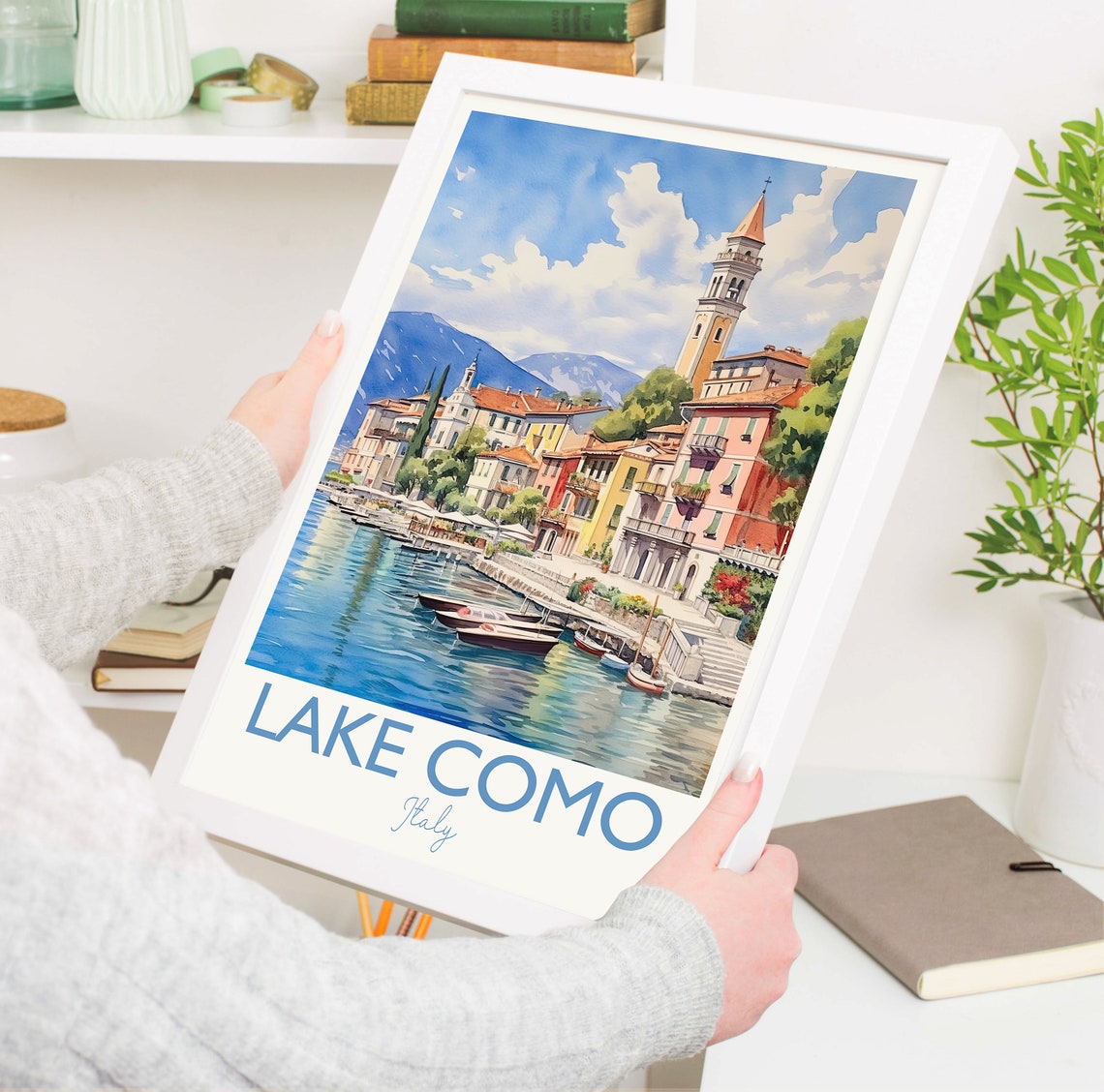Lake Como Italy Bell Tower Waterfront Boats Watercolor Poster - Image 5