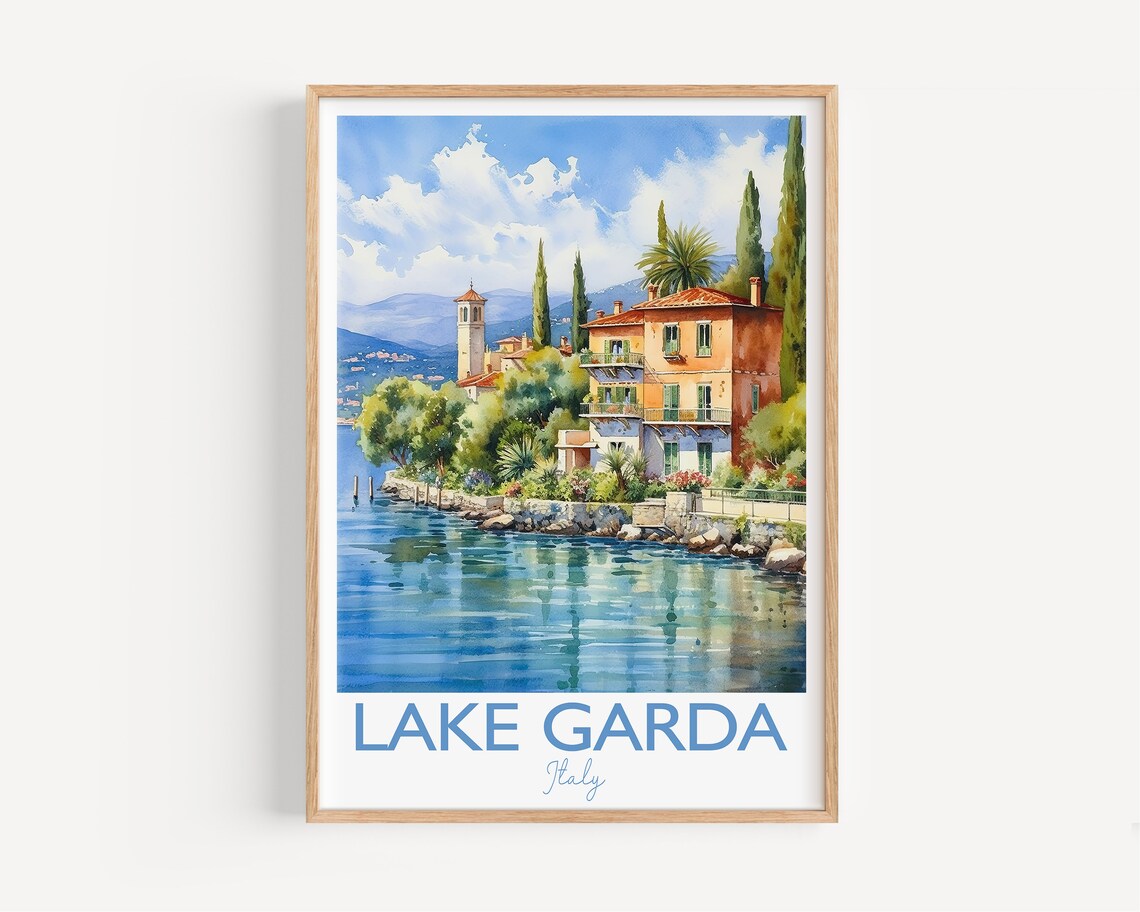 Lake Garda Italy Lakeside Villa Cypress Garden Watercolor Poster