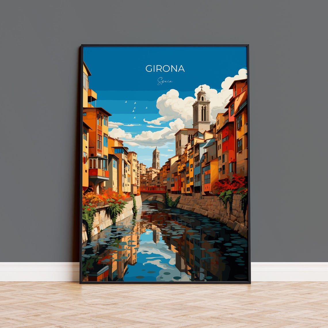 Girona Spain Onyar River Bridge Reflection Old Town Travel Poster