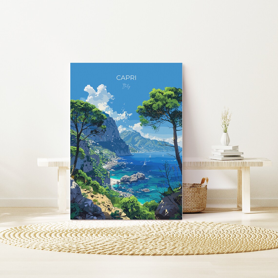 Capri Italy Pine Trees Rocky Coast Sailboats Coastal Art Poster - Image 2