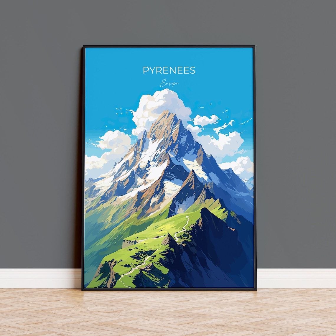 Pyrenees Europe Snowy Mountain Peak Alpine View Travel Poster