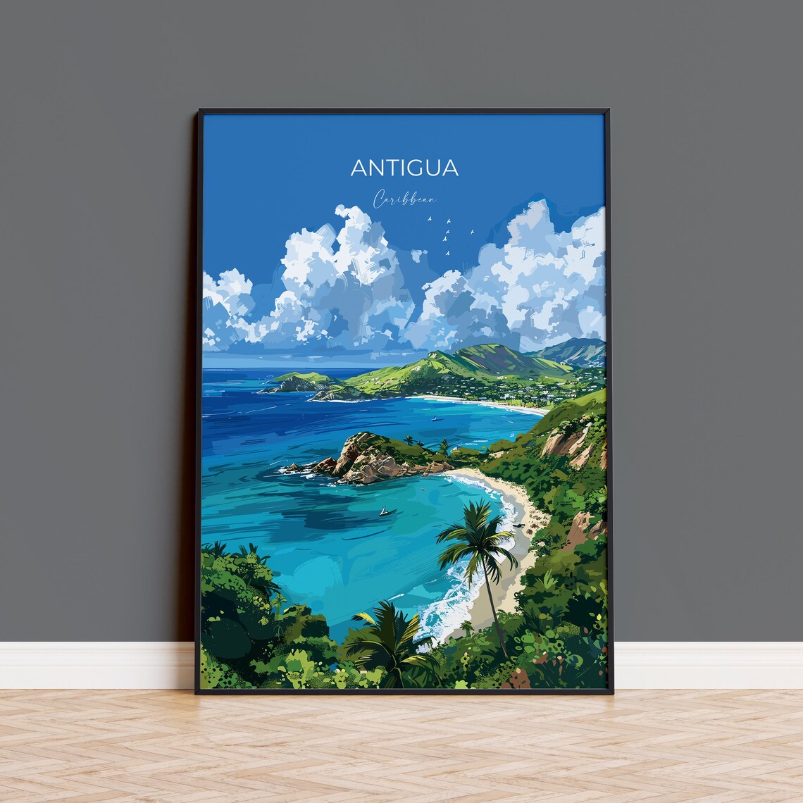 Antigua Caribbean Rocky Point Blue Bay Palm Trees Travel Poster