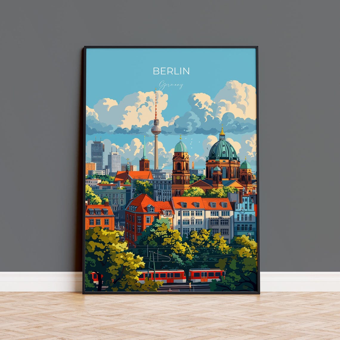 Berlin TV Tower Cathedral Dome And Tram Cityscape Travel Poster