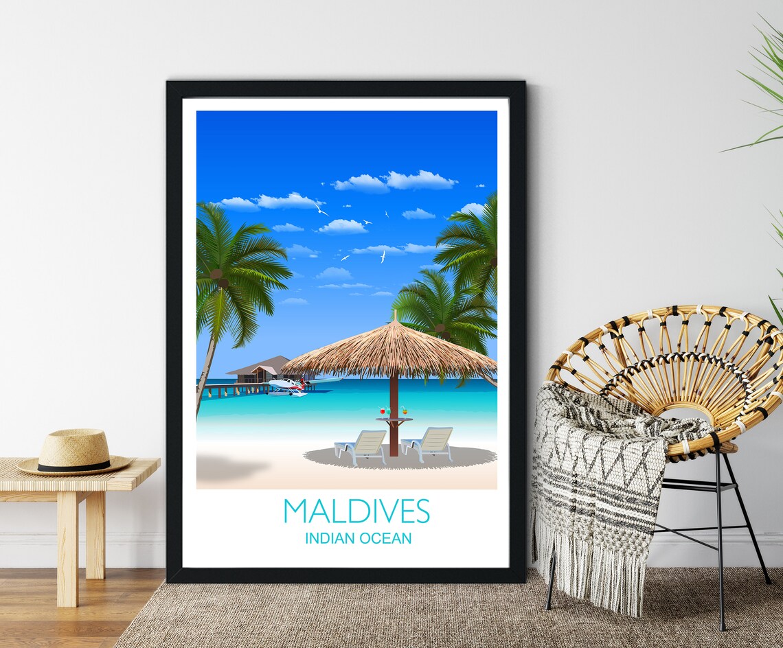 Maldives Indian Ocean Beach Travel Poster Palm Umbrella Paradise