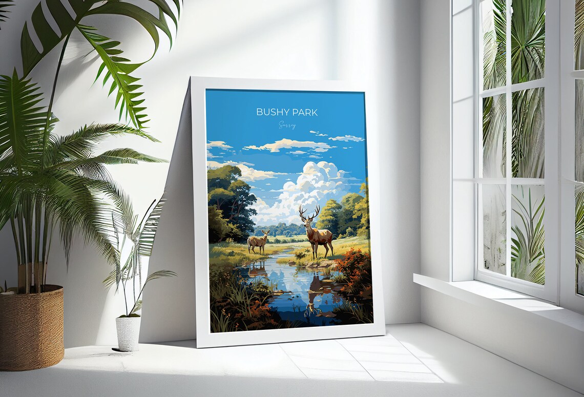 Bushy Park Surrey Red Deer Stag Pond Woodland Wildlife Poster - Image 3
