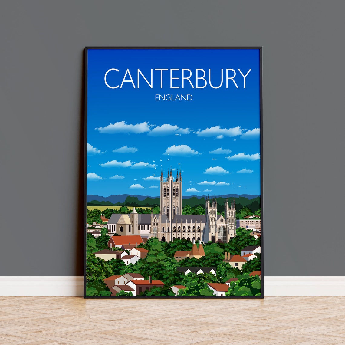 Canterbury England Cathedral City Skyline Bright Travel Poster
