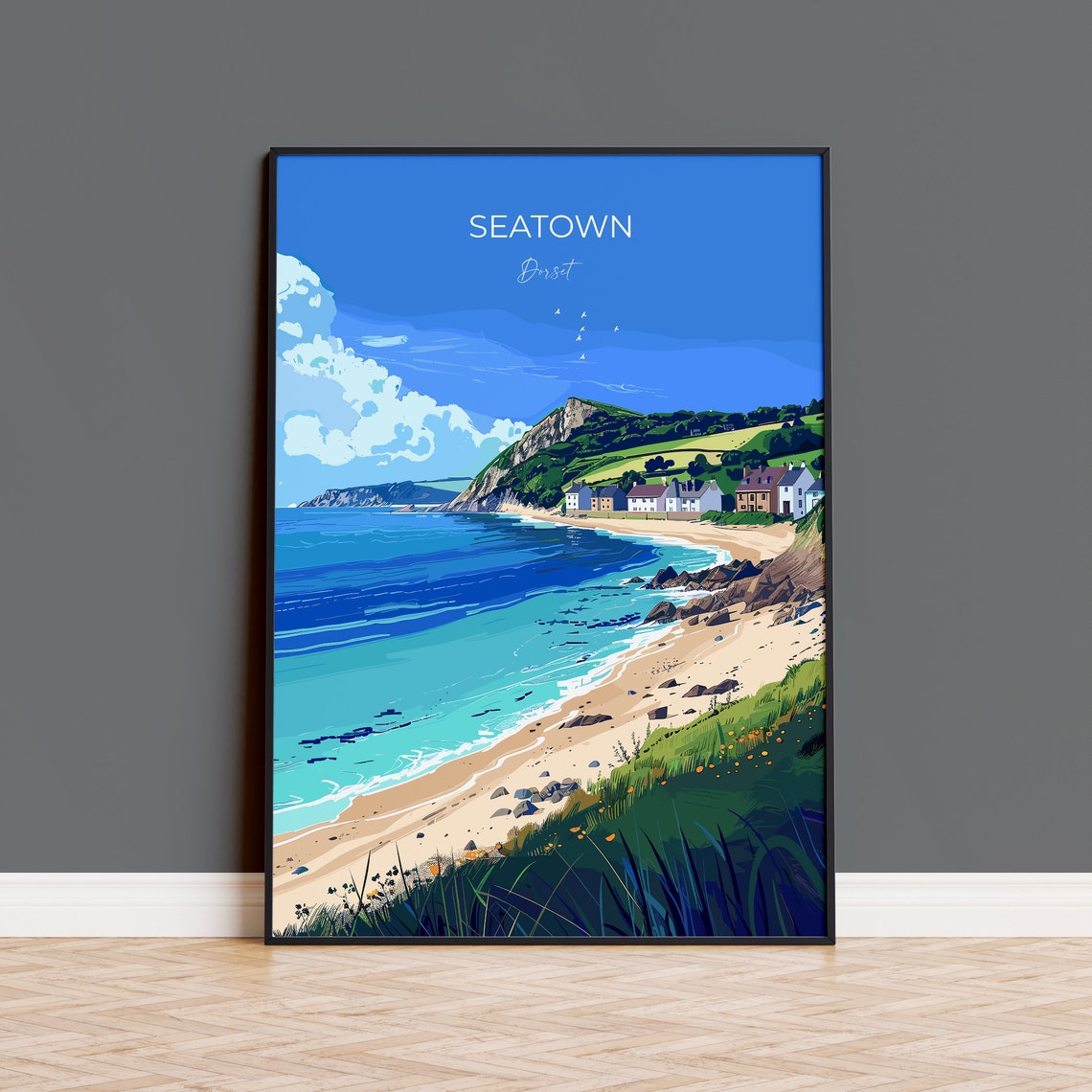 Seatown Dorset Sandy Beach Village Cliffs Coast England Travel Poster