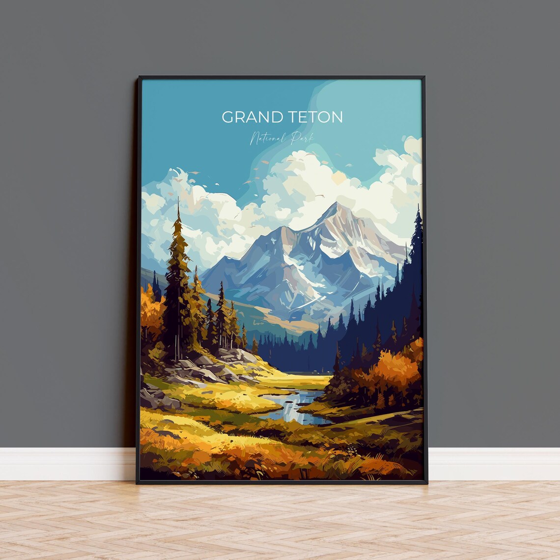 Grand Teton National Park Autumn Mountain Valley View Travel Poster