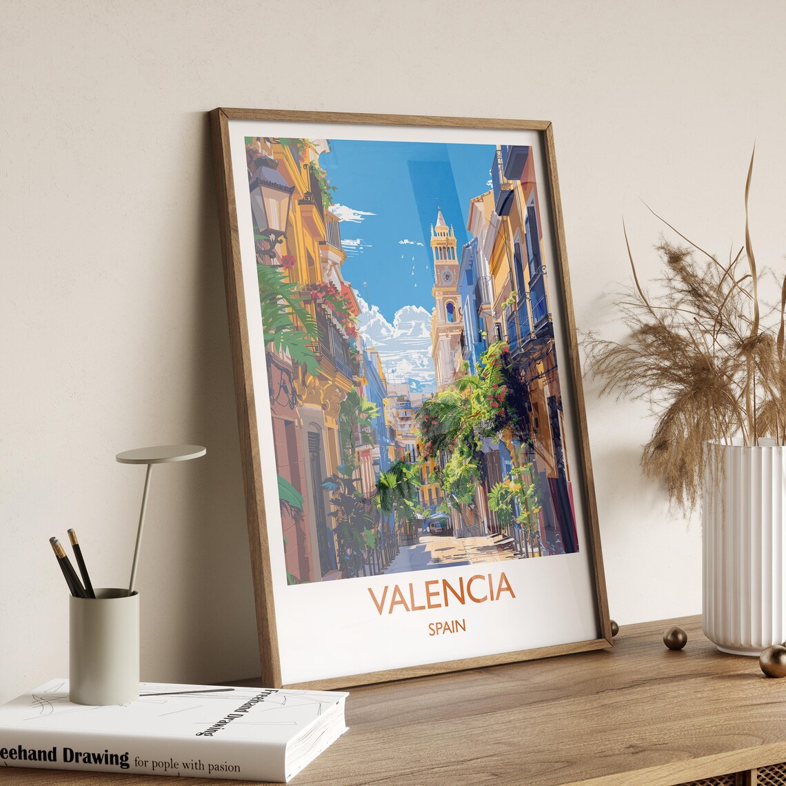 Valencia Spain Colorful Old Town Street White Border Text Poster - Image 2
