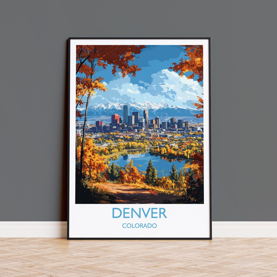 Denver Skyline Fall Colors Lake View Poster With White Border