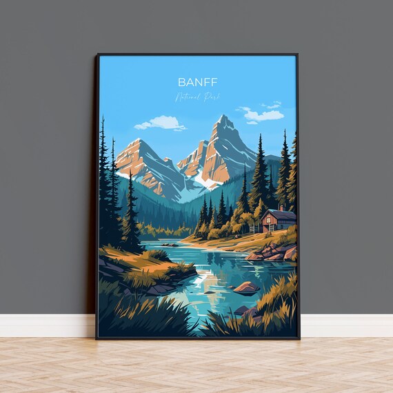 Banff National Park Peaks Lake Cabin Mountain View Travel Poster