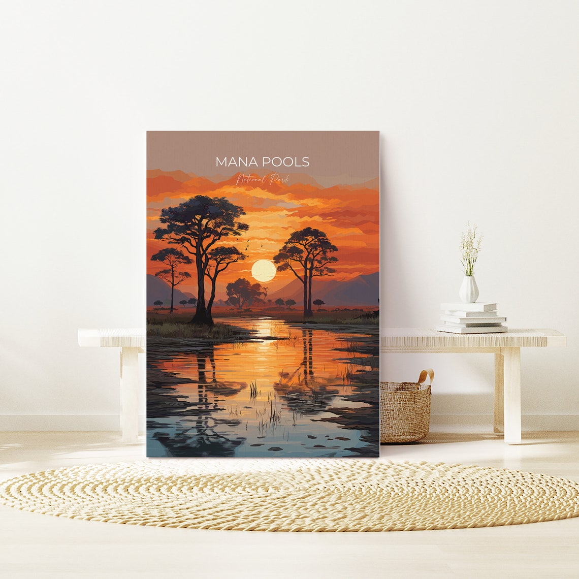 Mana Pools National Park Fiery Sunset Over Water Travel Poster - Image 3