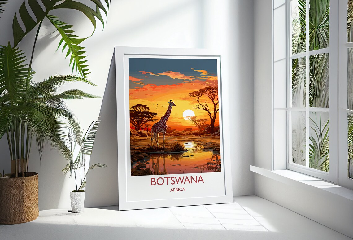 Botswana Africa Giraffe Sunset Waterhole Vintage Travel Poster - Image 3