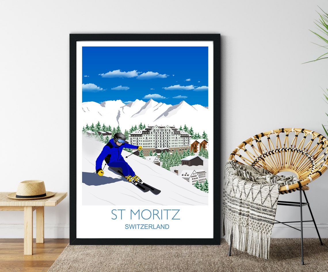 St Moritz Switzerland Blue Ski Run Resort Peaks Travel Poster