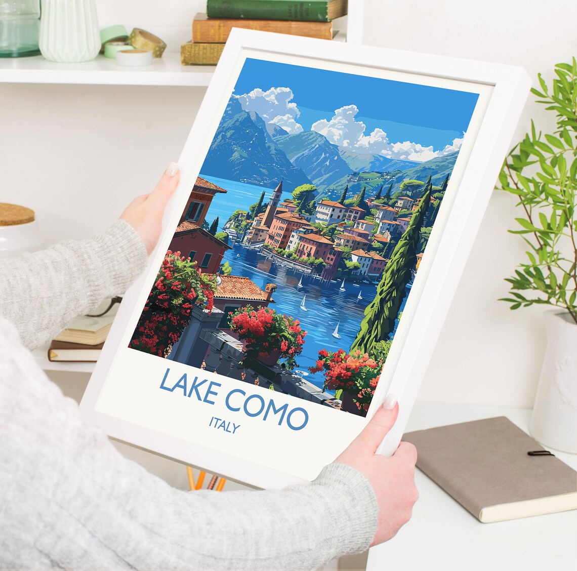 Lake Como Italy Village Sailboats Red Bougainvillea Travel Poster - Image 3