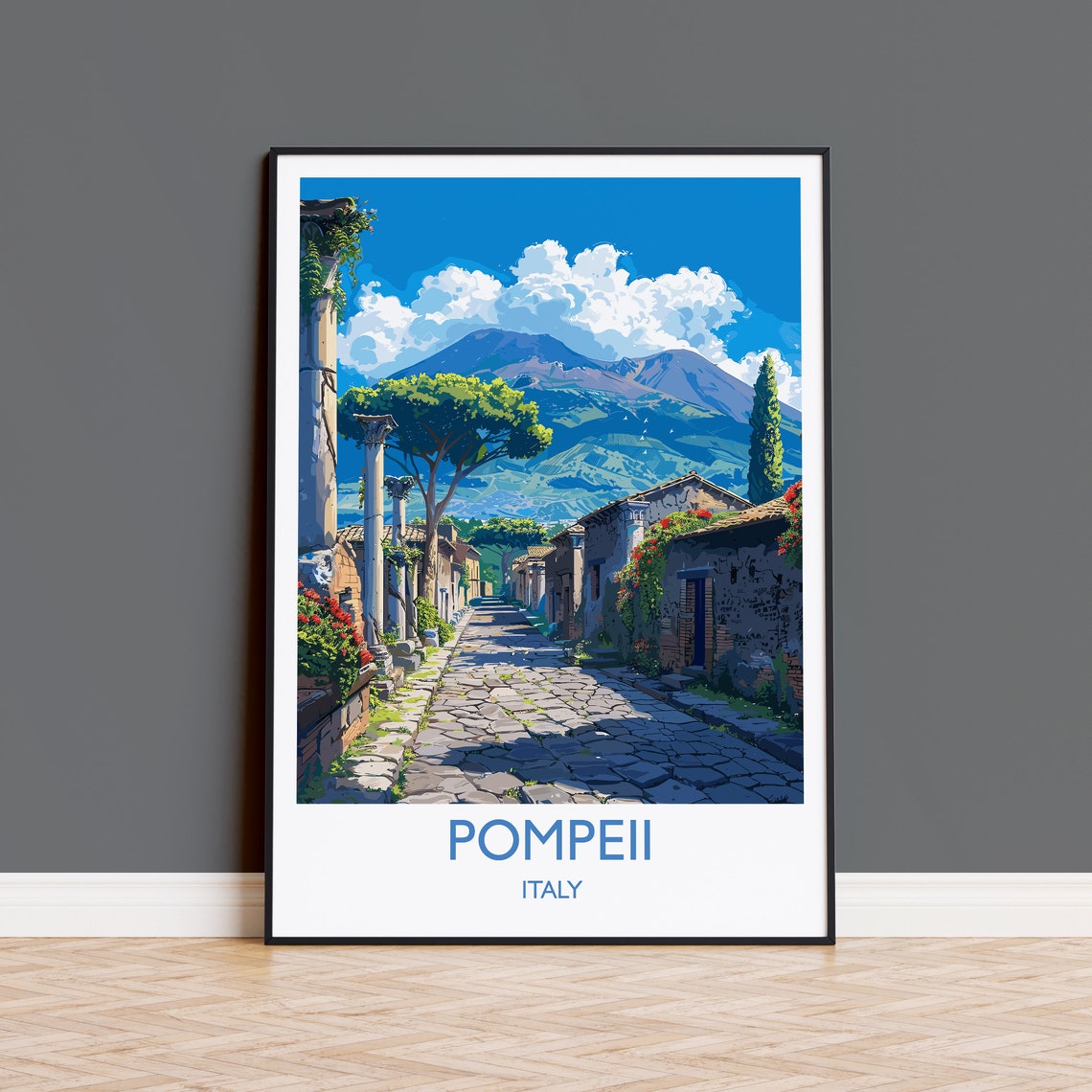Pompeii Italy Cobblestone Street Columns Mount Vesuvius Travel Poster