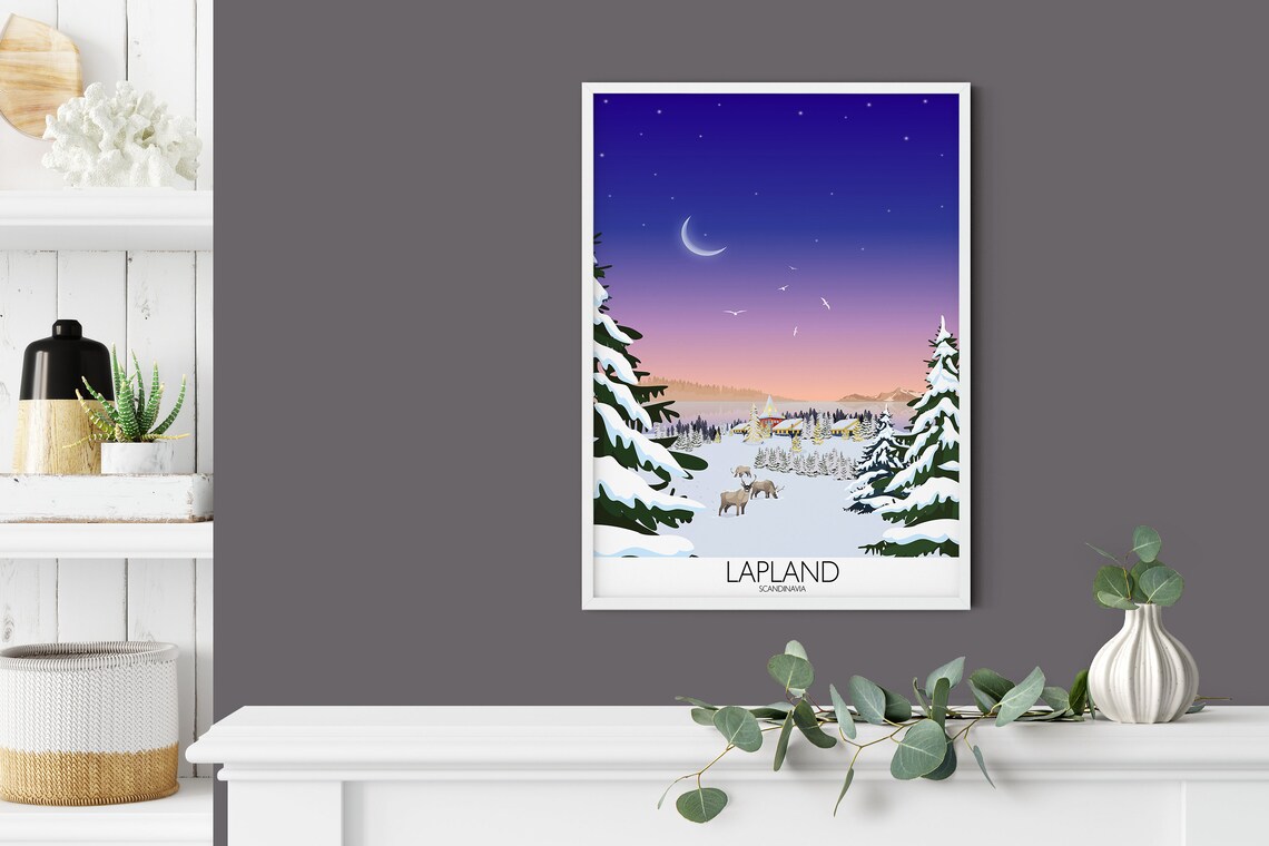Lapland Scandinavia Snowy Village Reindeer Moonlight Art Poster - Image 4