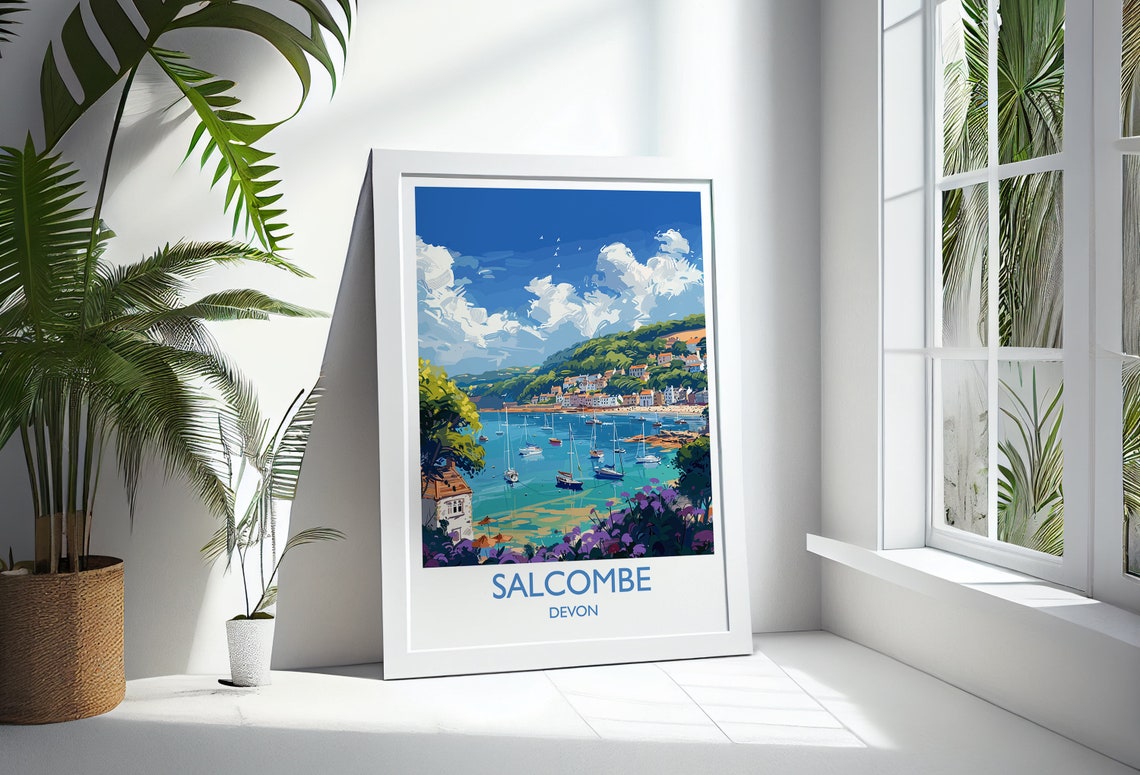 Salcombe Devon Sailing Harbor Boats Hillside Town Travel Poster - Image 3