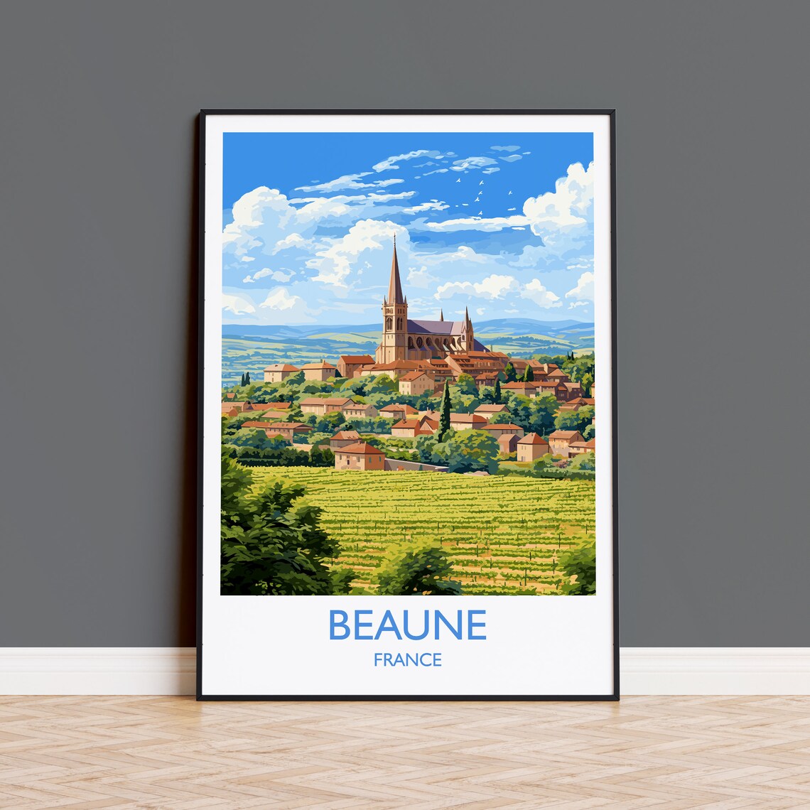 Beaune France Vineyard Village Church Spire Burgundy Wine Poster