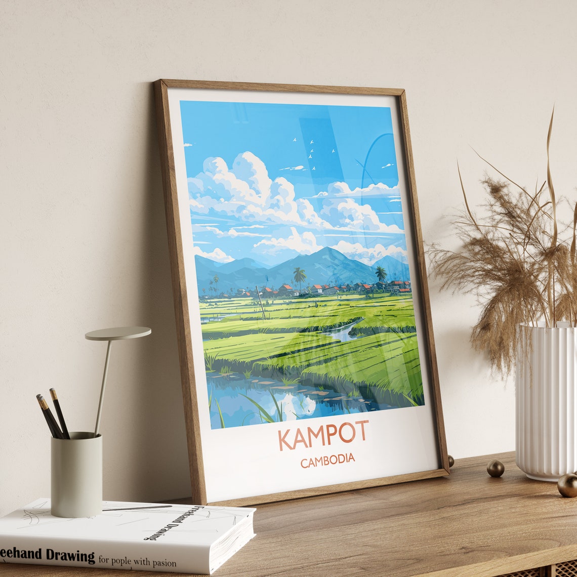 Kampot Cambodia Rice Paddy Fields Mountain Village Travel Poster - Image 3