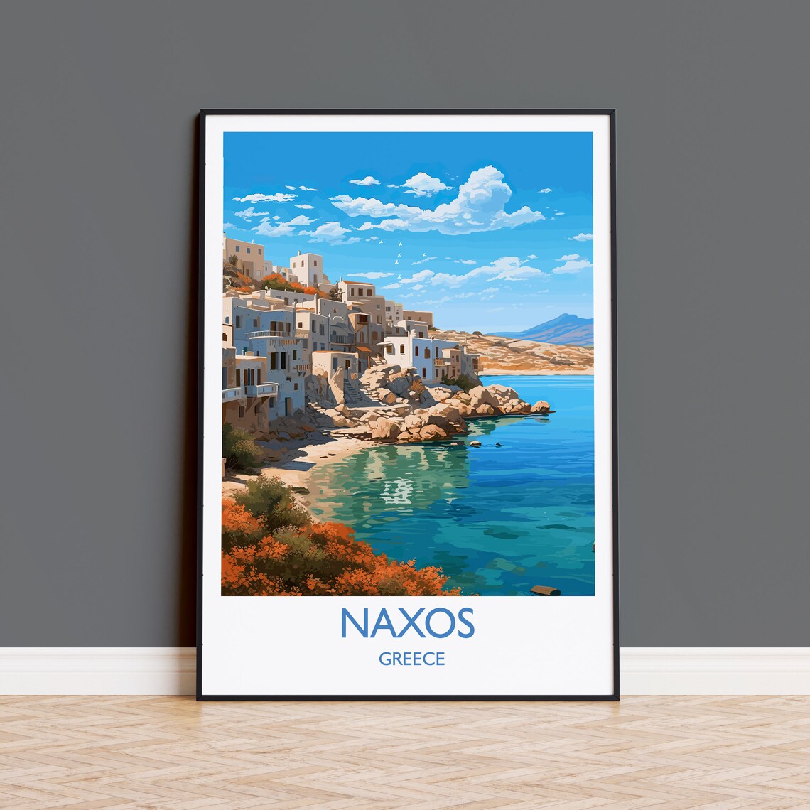 Naxos Greece White Village Rocky Coast Crystal Bay Travel Poster