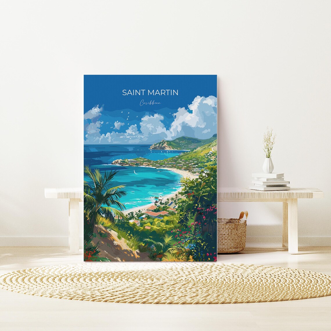 Saint Martin Caribbean Hillside Cove Beach Palm Trees Travel Poster - Image 2