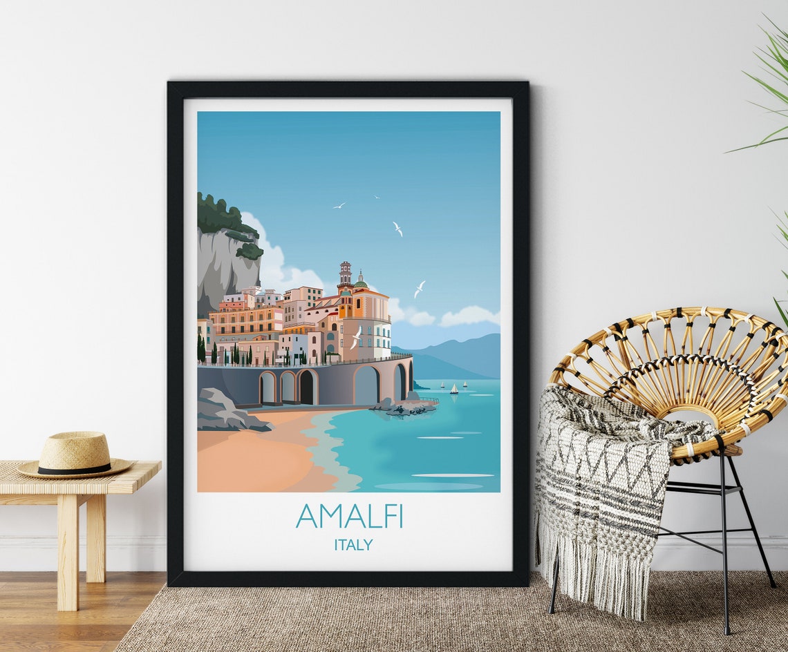Amalfi Italy Coastal Town Cliffs Turquoise Sea Travel Poster
