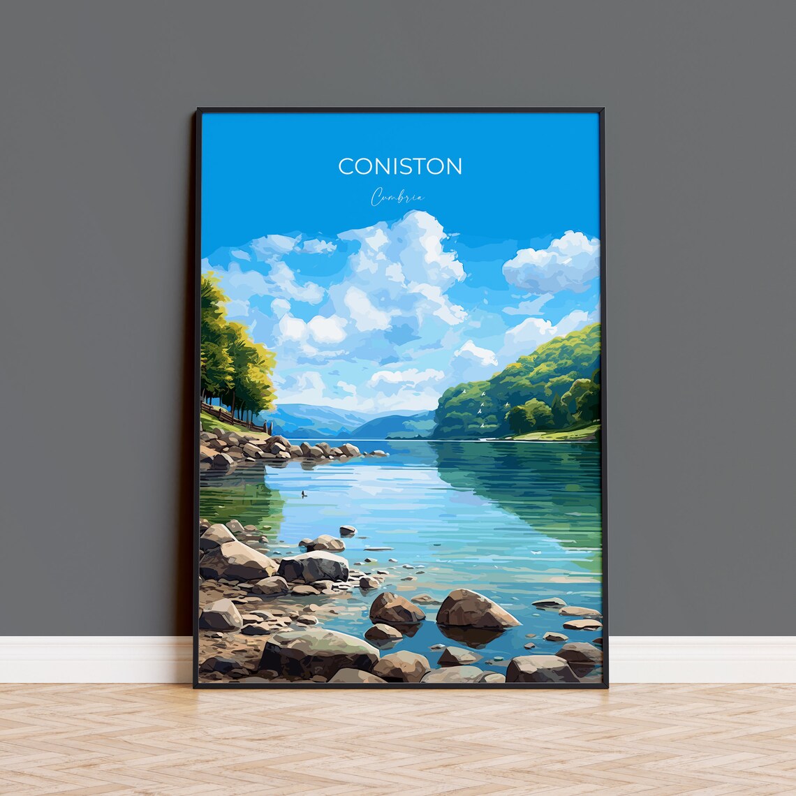 Coniston Cumbria Peaceful Lake Rocky Shore Green Hills Travel Poster