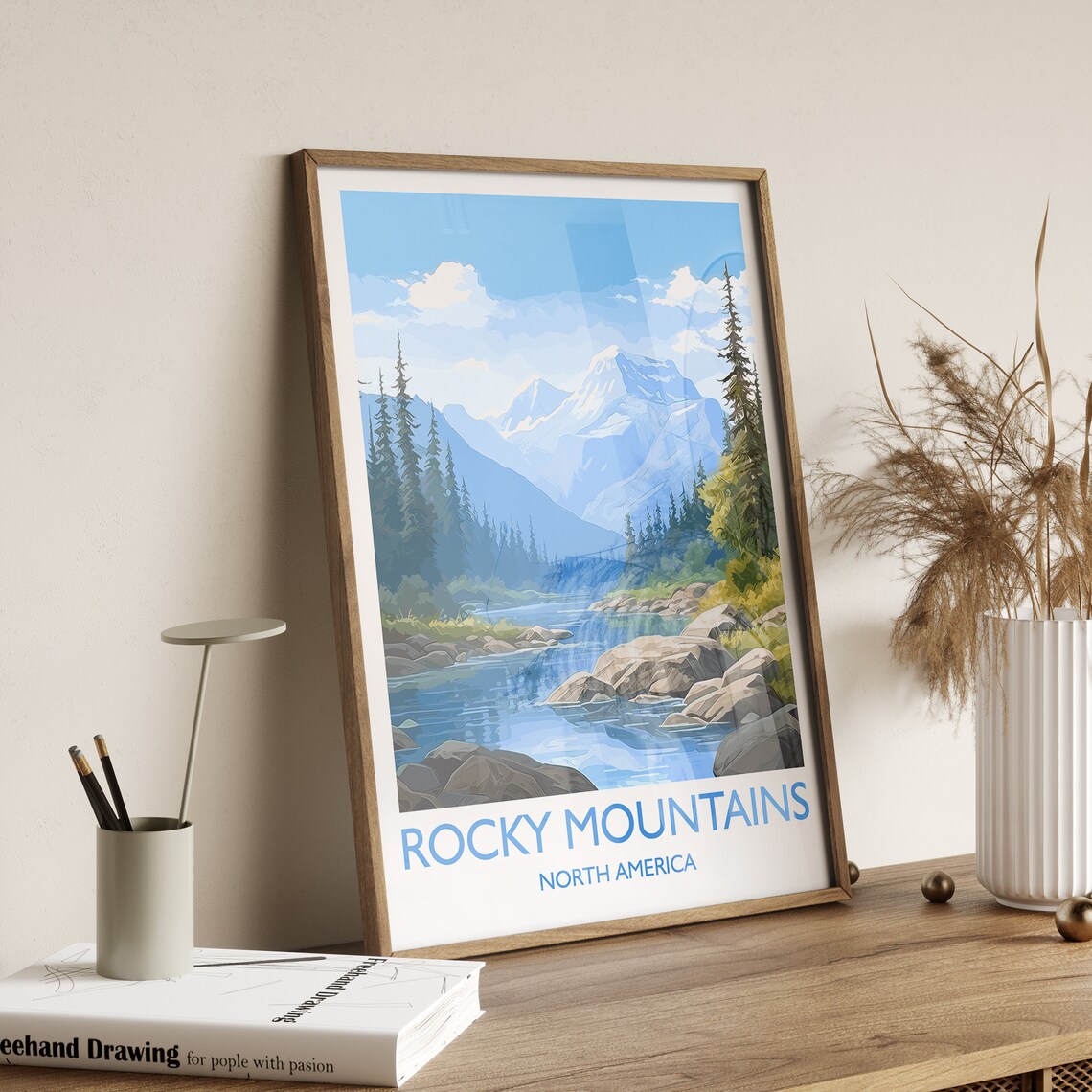 Rocky Mountains Snowy Peak Pine Forest River Scene Travel Poster - Image 3