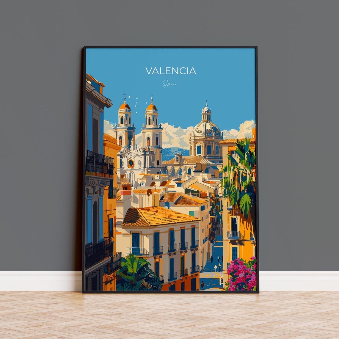 Valencia Cathedral Domes Rooftop View Top Lettering Travel Poster