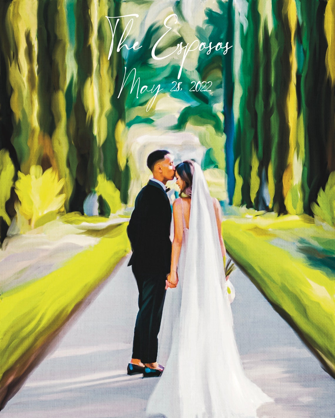 Wedding Couple on a Tree Lined Path With Personalized Names Poster
