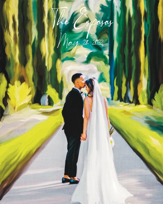 Wedding Couple on a Tree Lined Path With Personalized Names Poster
