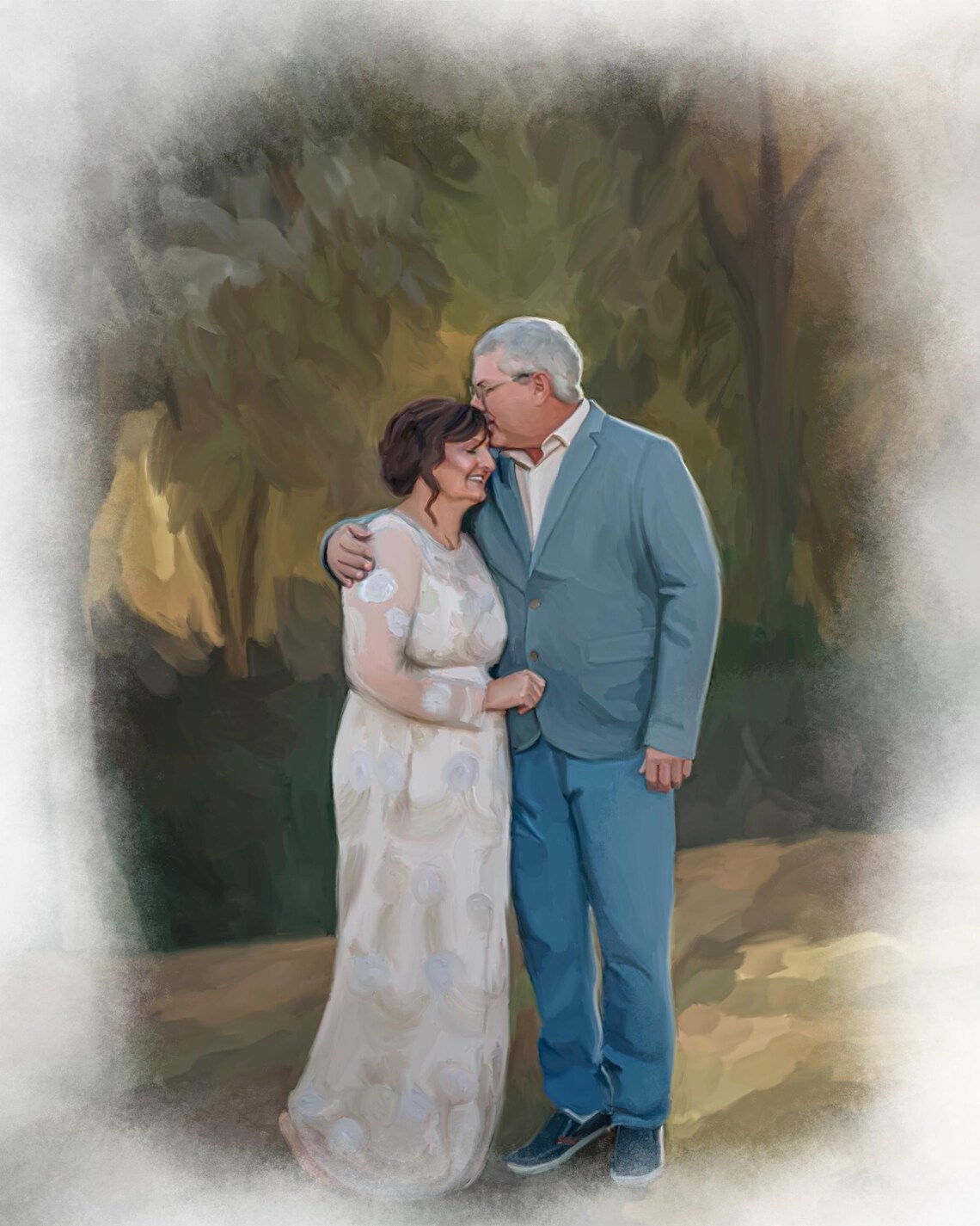 Mature Couple Tender Forehead Kiss in Blue Suit Watercolor Poster