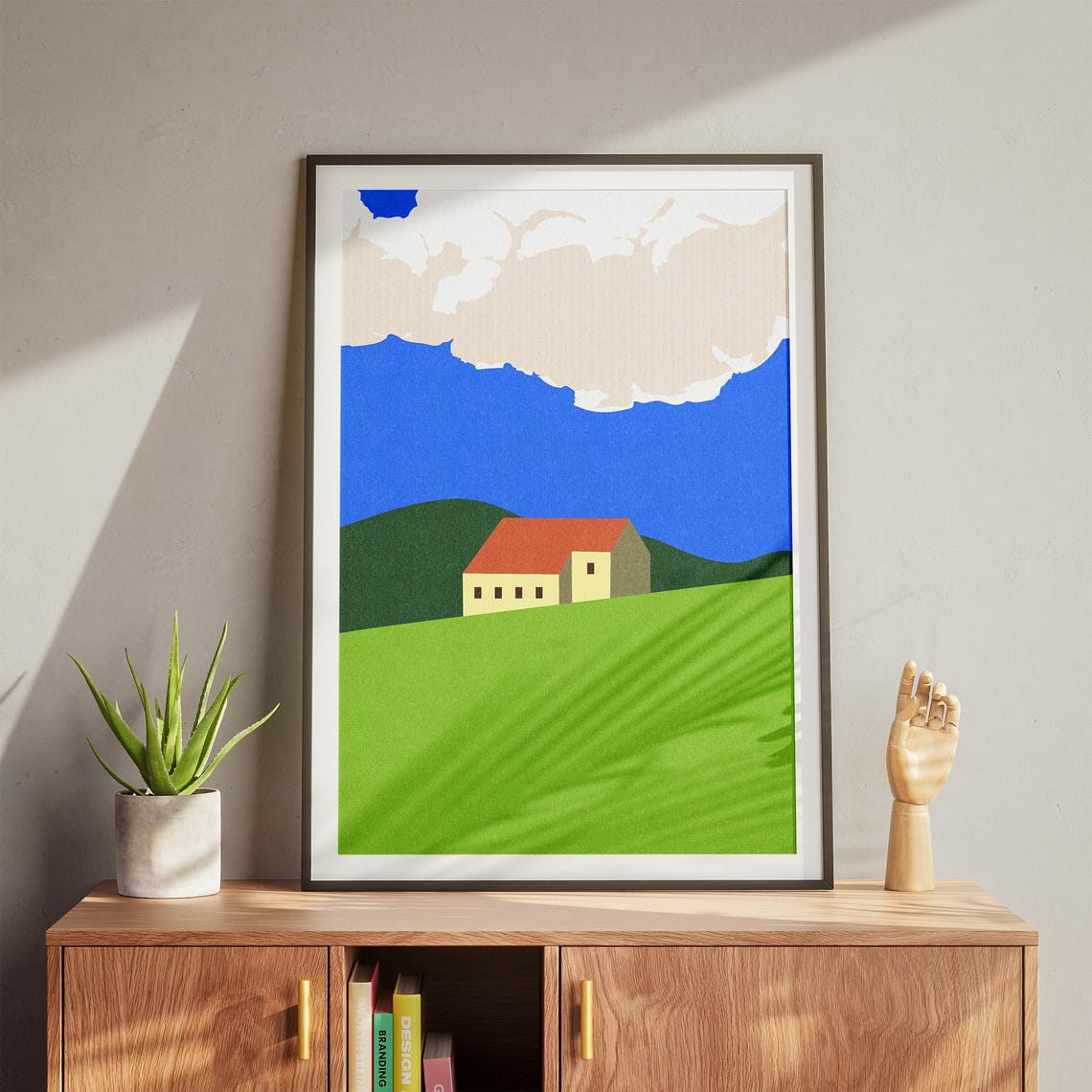 Minimalist House On Green Hill Blue Sky Modern Landscape Print - Image 3