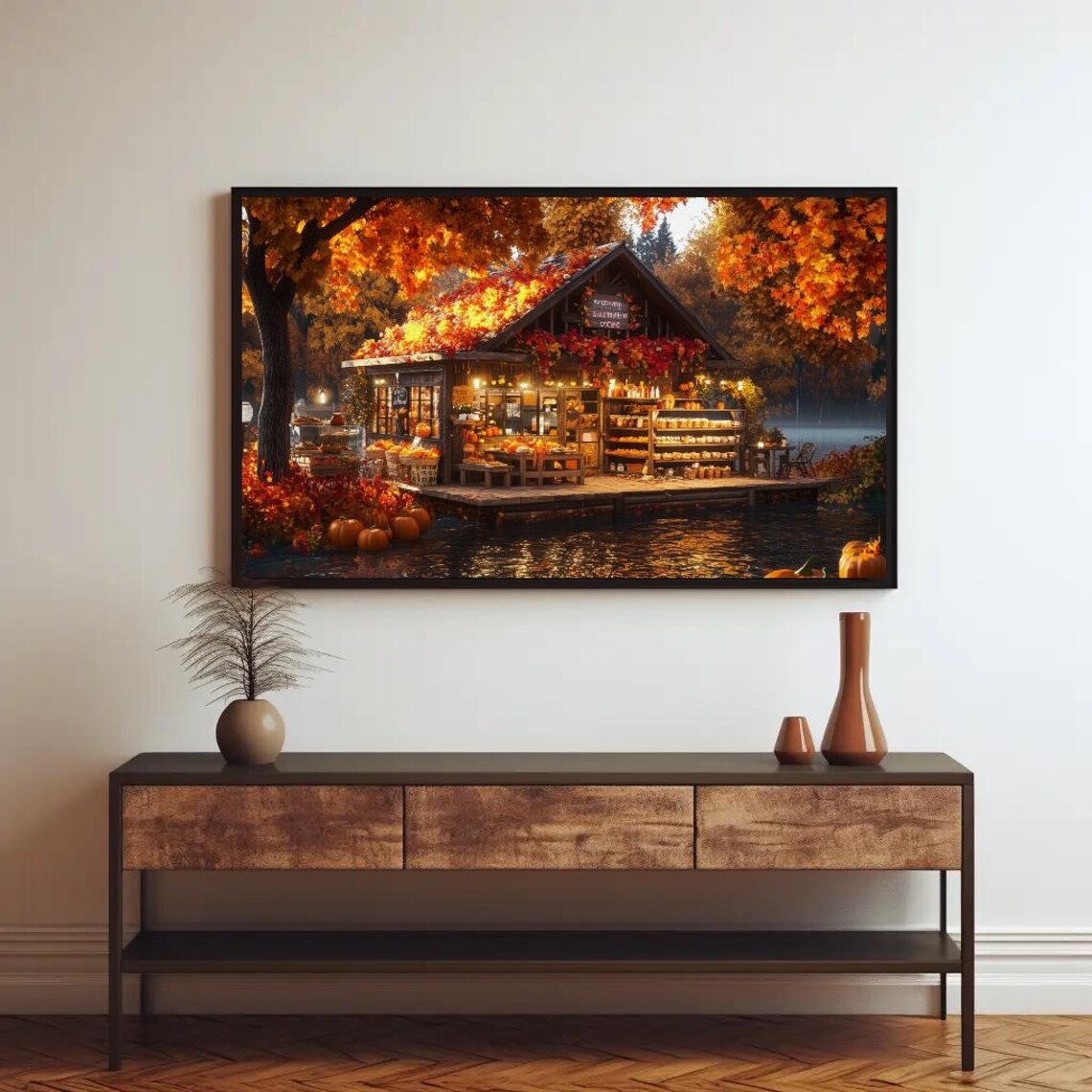 Autumn Lakeside Harvest Cabin Pumpkin Market at Golden Hour Poster - Image 4