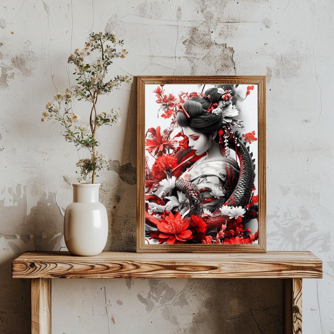 Striking Japanese Geisha Portrait Black White Red Dragon Floral Poster - Image 3