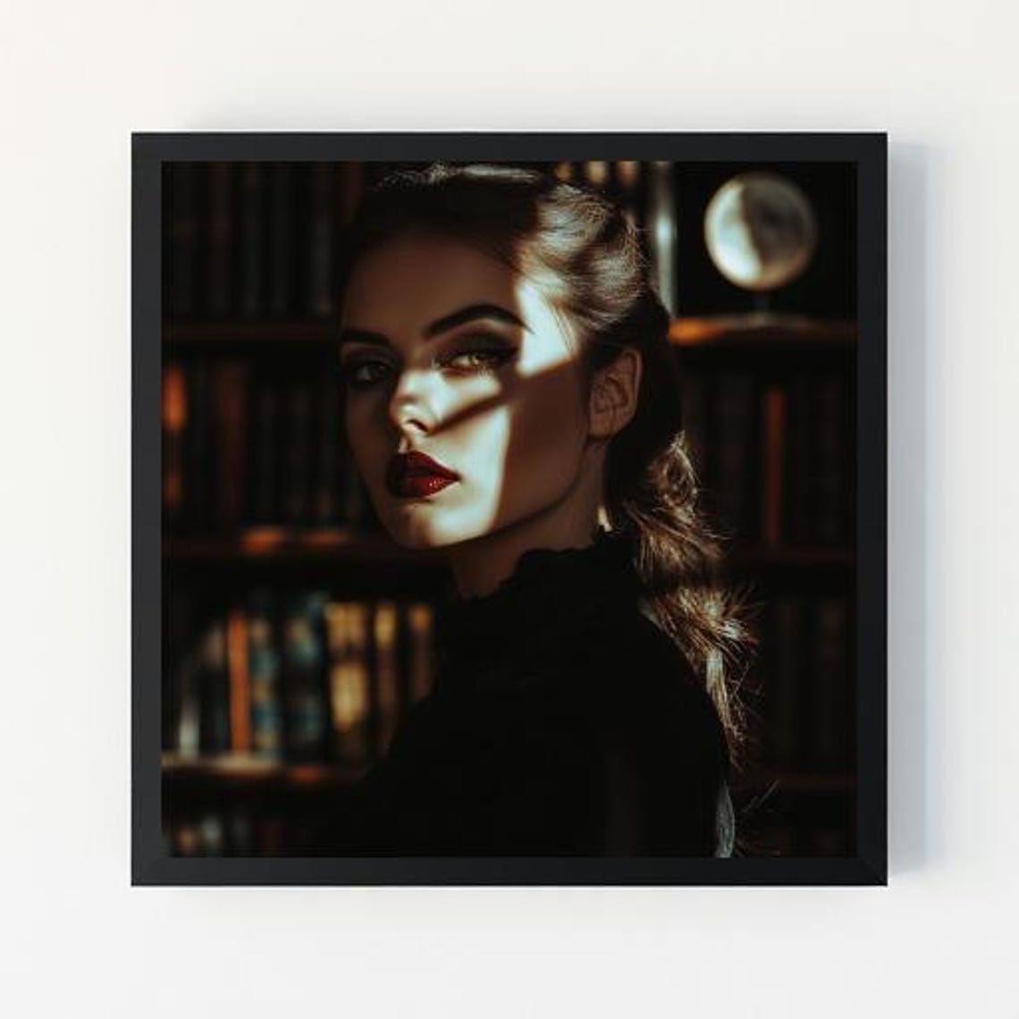 Dark Library Woman Portrait Moody Red Lips Gothic Romance Poster