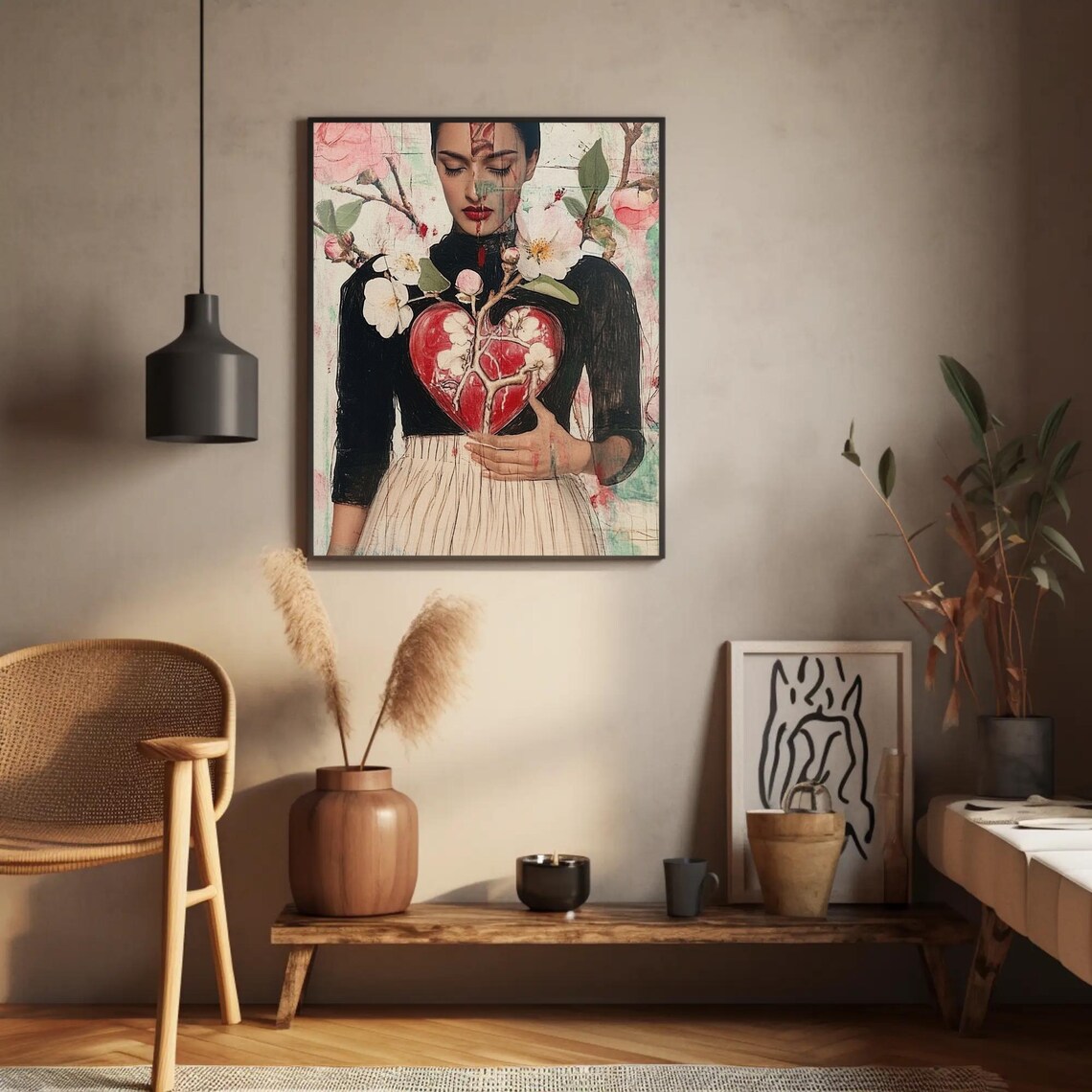 Anatomical Heart Cherry Blossom Woman Surreal Collage Poster - Image 3