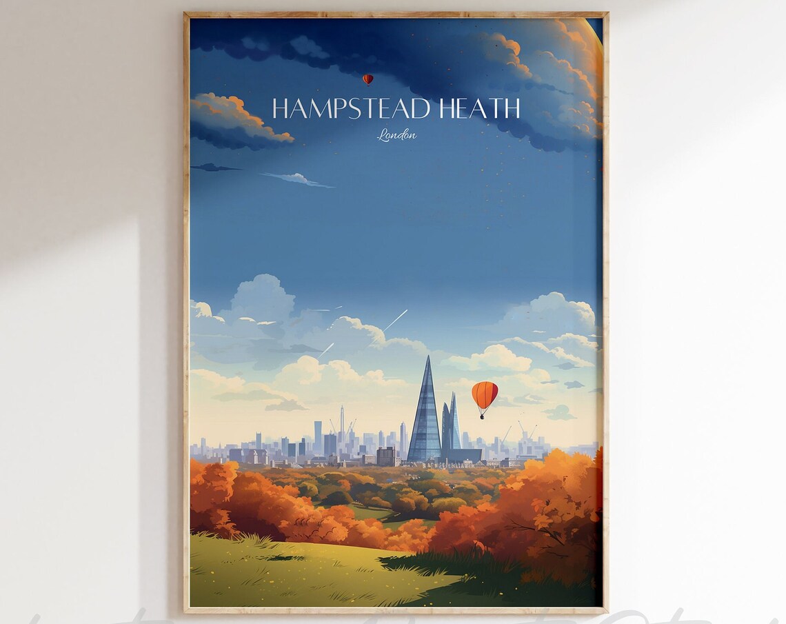 Hampstead Heath London Travel Autumn Skyline Balloon Scene Poster