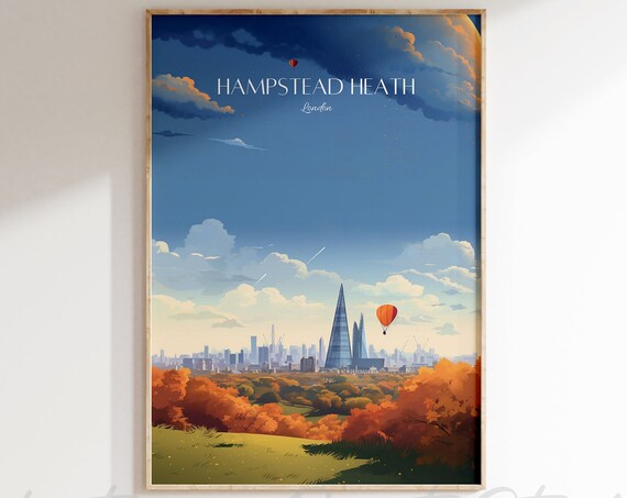 Hampstead Heath London Travel Autumn Skyline Balloon Scene Poster