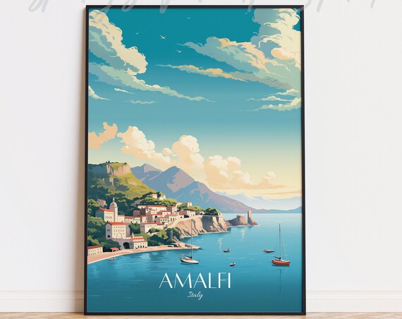 Amalfi Italy Vintage Travel Poster Dramatic Clouds Mountain Coast