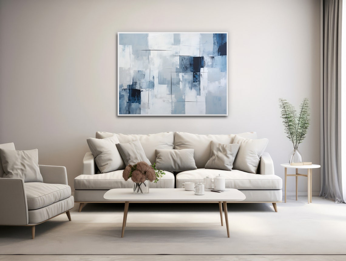 Large Abstract Wall Art Framed Print Modern Abstract Painting Extra Large Light Blue Dark Blue Artwork Cloudy Day - Image 3