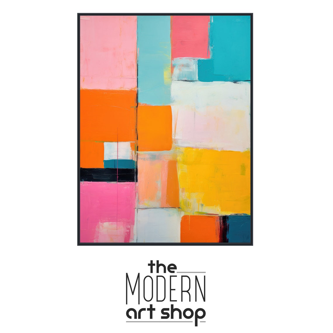 Colorful Geometric Blocks Pink Orange Teal Mid Century Wall Art - Image 4