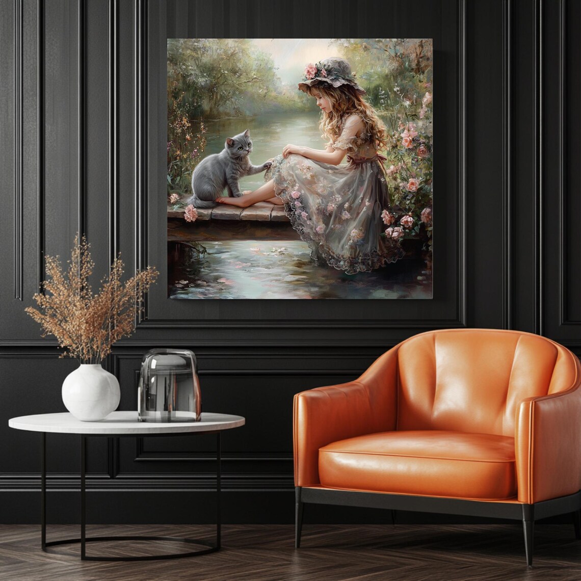 Girl And Cat, Peaceful Lake Nature Decor - Image 3