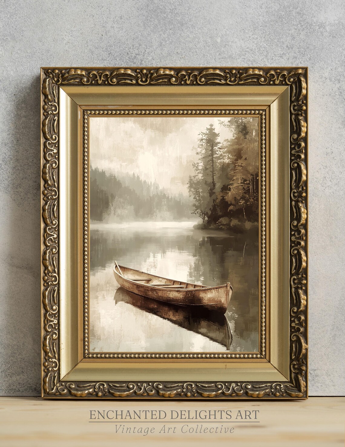 Wooden Canoe Misty Lake Quiet Forest Vintage Painting Poster
