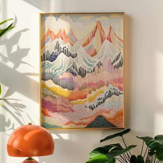 Colorful Mountain Landscape Art Whimsical Nature Wall Decor Abstract For Boho Living Room Or Office