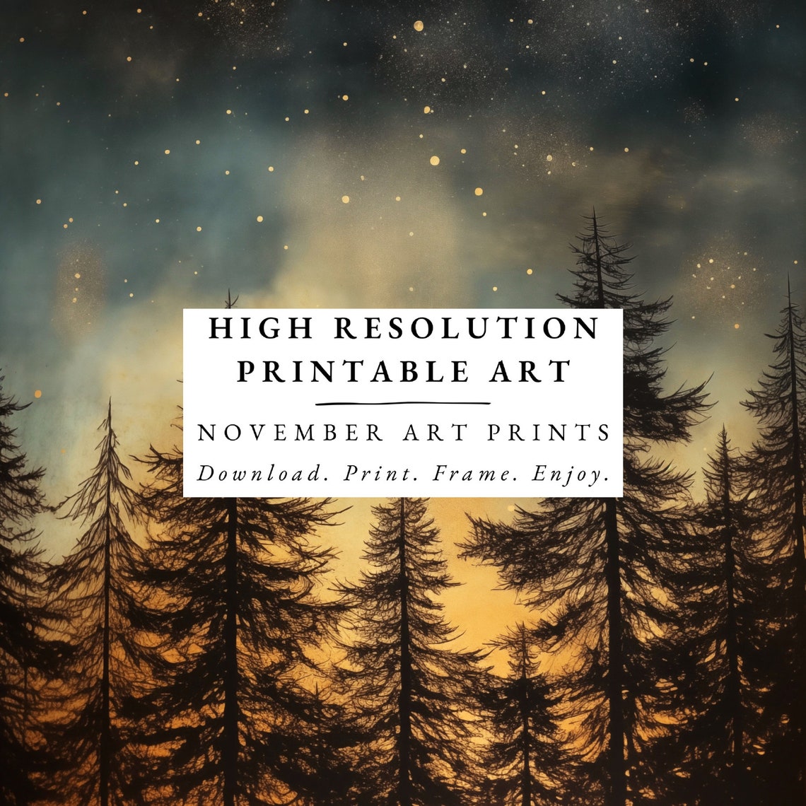 Night Sky Forest, Moody Vintage Cabin Travel Poster - Image 3