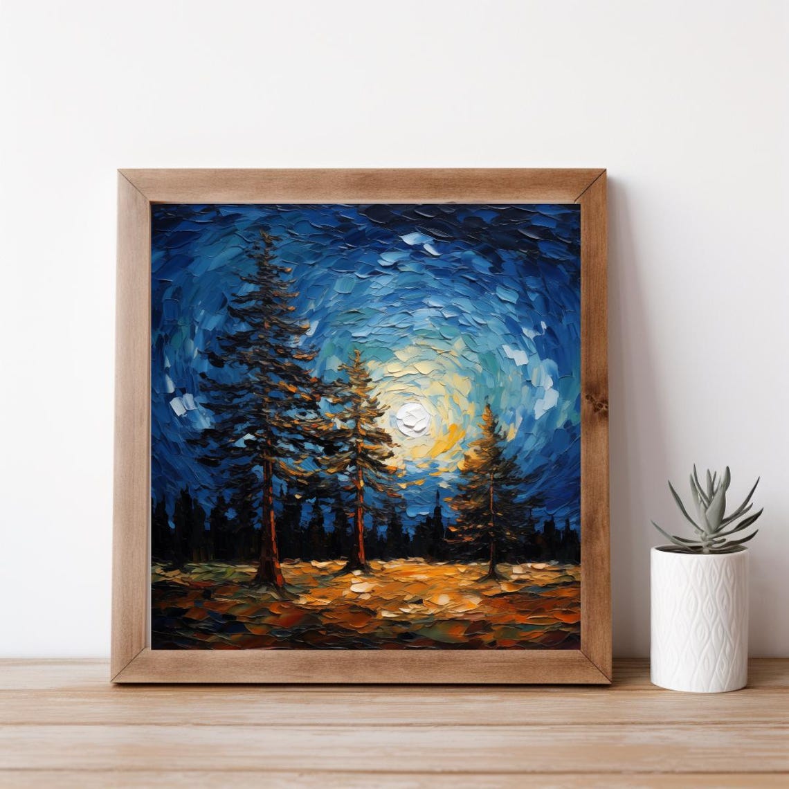 Forest Night Print Square Night Sky Oil Painting Full Moon Pine Tree Wall Art Moonlit Sky Rustic Cabin Decor Mountain Home Artwork - Image 2