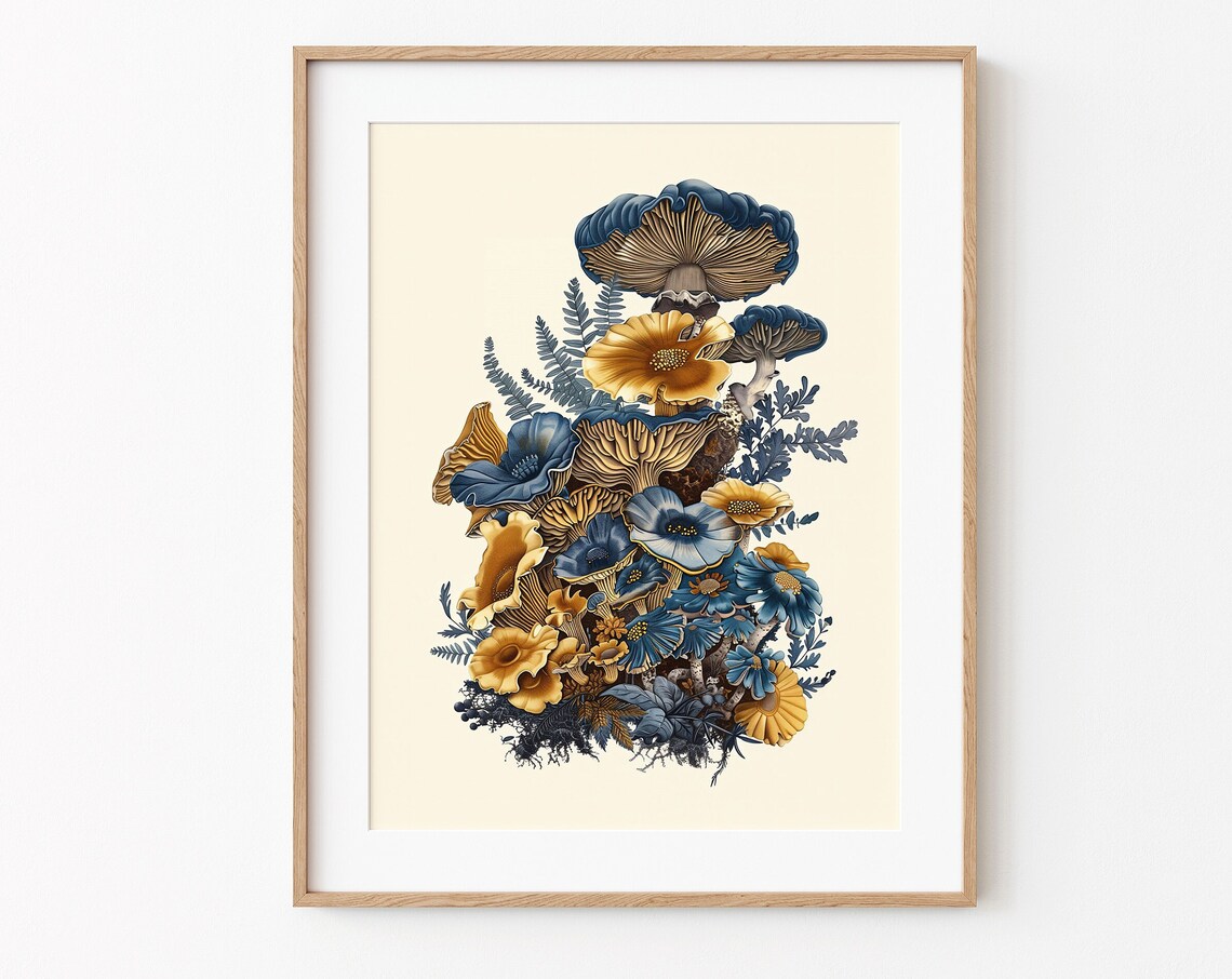 Vintage Mushroom Botanical Illustration In Blue And Gold Fungi Poster