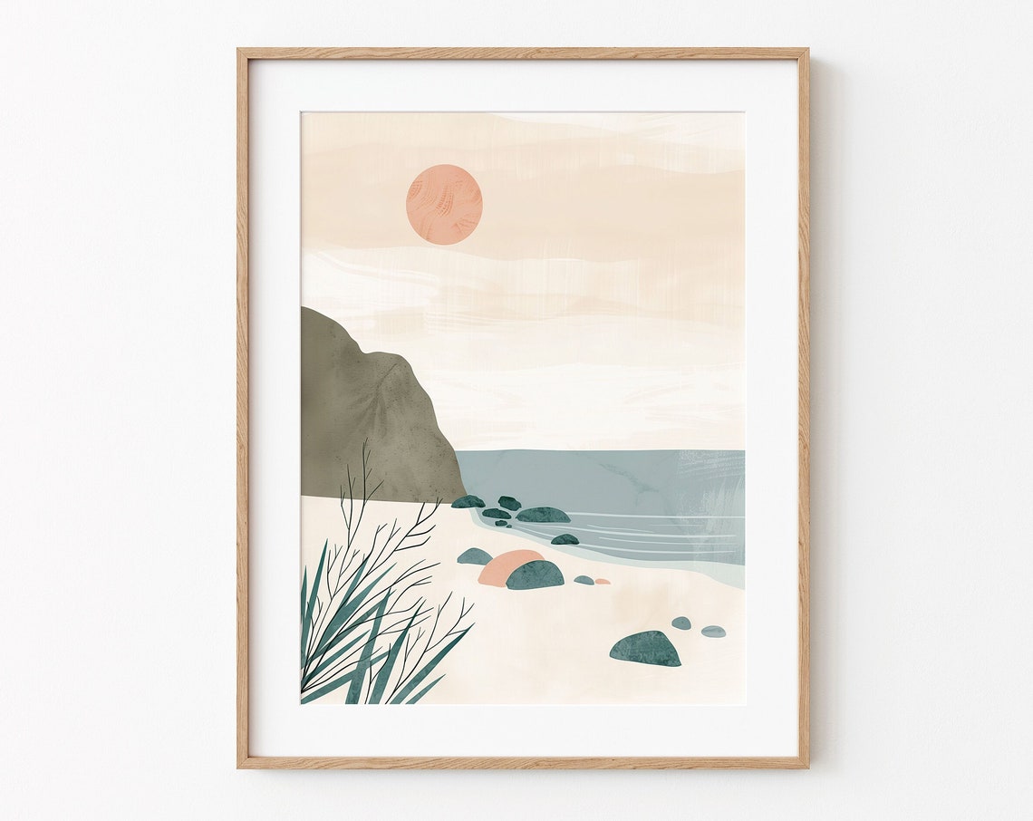Abstract Beach Landscape With Sun And Stones Minimalist Coastal Poster